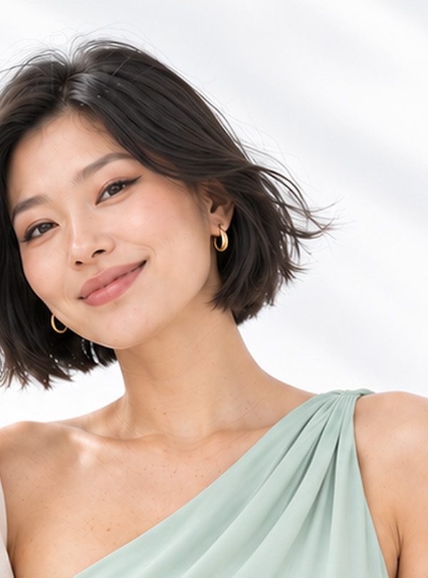 Woman in a mint one-shoulder dress