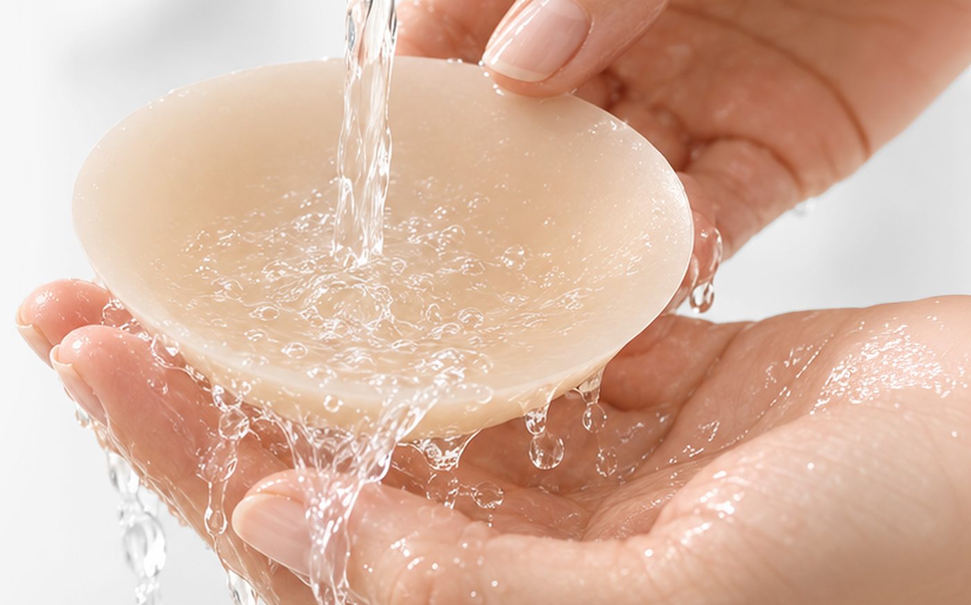 Hands rinsing an OMVY nipple cover under running water